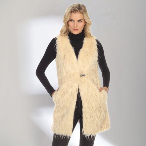 LINDI Jackets & Blazers - NWT Size S LINDI Cream/White Faux Fur Long Vest Coat V1631